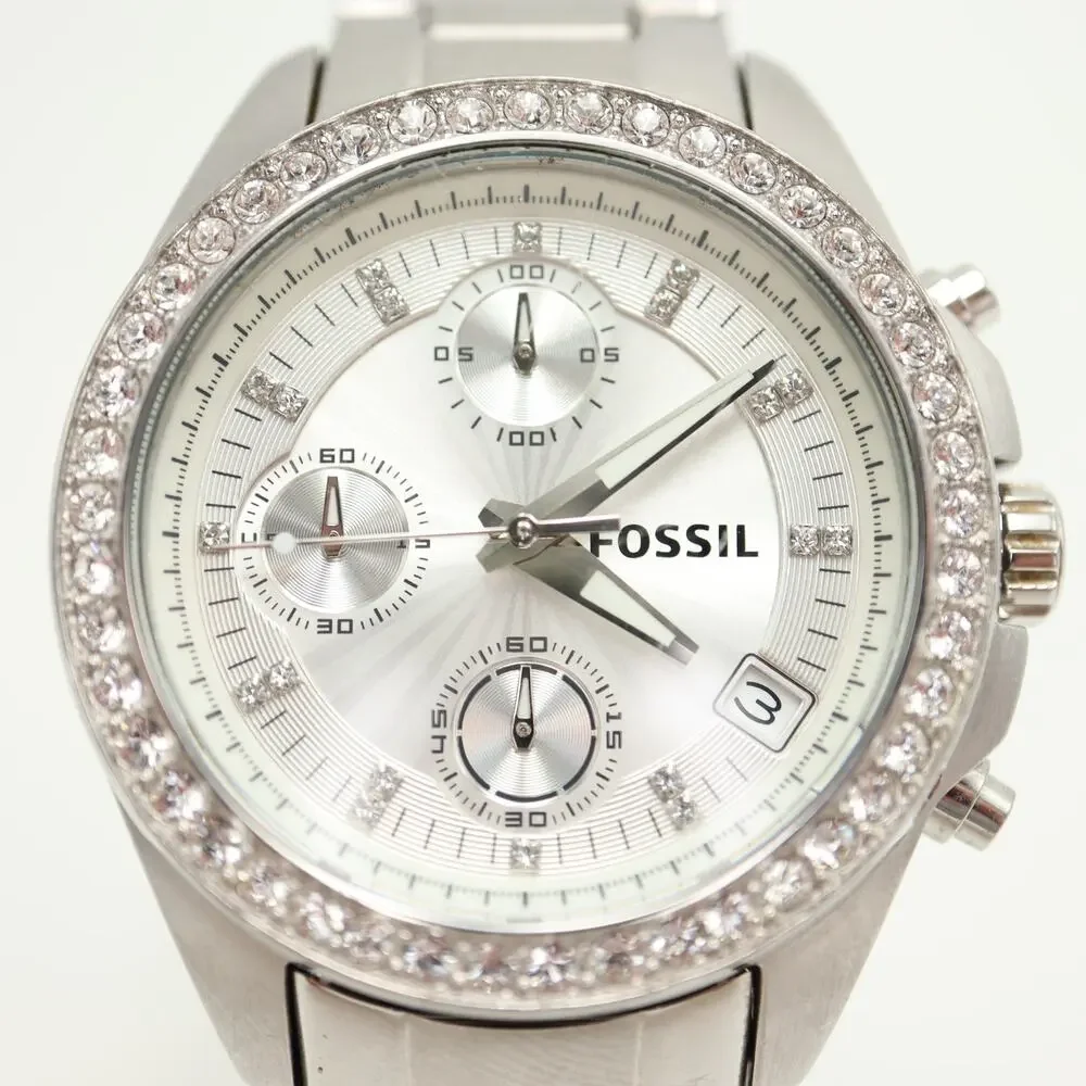 Fossil Decker Silver Tone 37mm Chronograph Watch Jewel Steel ES2681 New Battery